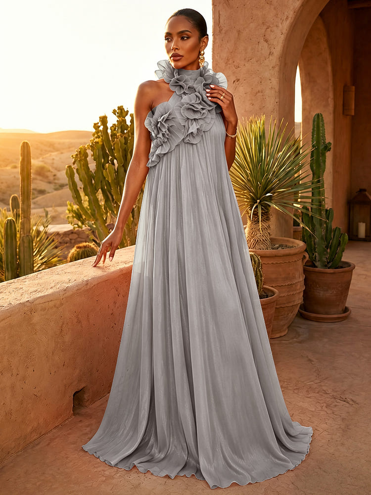 Chiffon A-Line Halter Pleated Formal Dresses with Ruffles