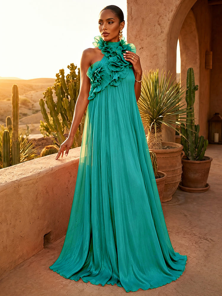 Chiffon A-Line Halter Pleated Formal Dresses with Ruffles