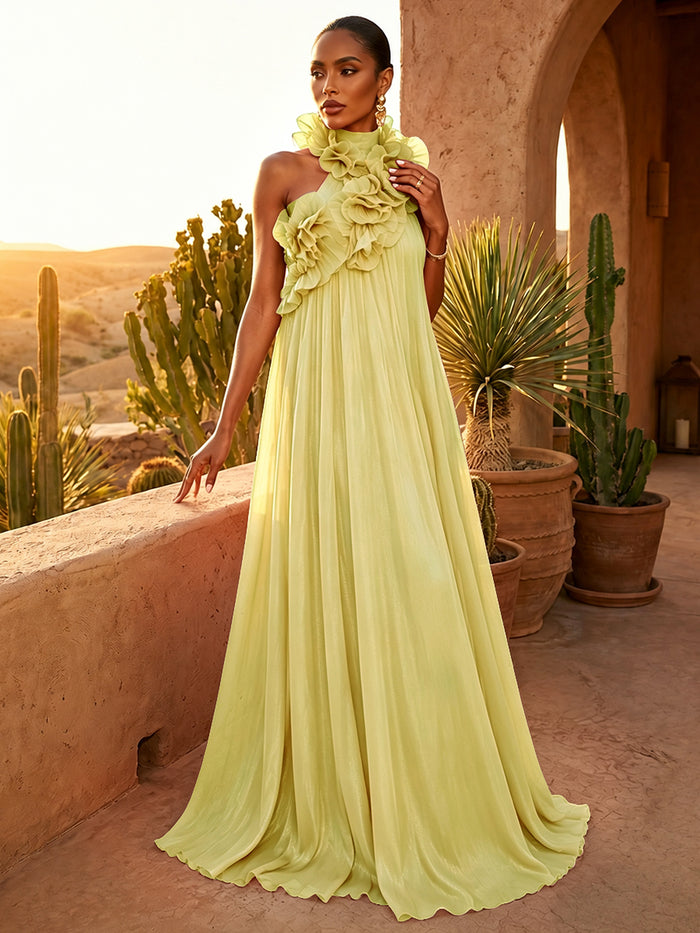 Chiffon A-Line Halter Pleated Formal Dresses with Ruffles