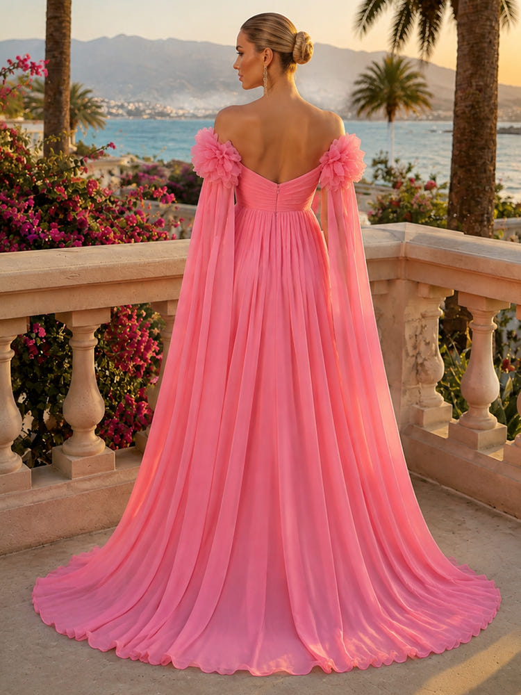 Chiffon A-Line Off Shoulder Formal Tent/ Trapeze Dresses with Long Sash
