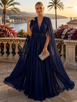 Chiffon A-Line V Neck Formal Tent/ Trapeze Dresses with Long Caps
