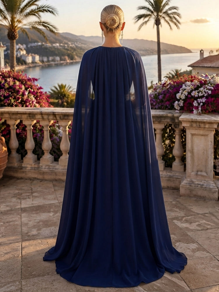 Chiffon A-Line V Neck Formal Tent/ Trapeze Dresses with Long Caps