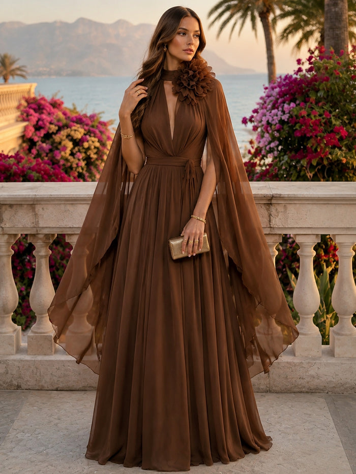 Chiffon Sheath Deep V Neck Formal Tent/ Trapeze Dresses with Sash