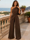 Jersey Formal Pantsuit with Dramatic One Shoulder Draped Sleeve