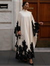 Satin A-Line High Neck Formal Dresses with Lace Applique
