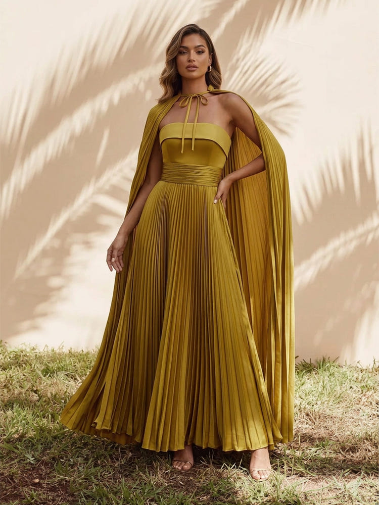 Metallic Foil Chiffon A-Line Strapless Formal Dresses with Caps