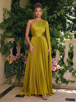 Metallic Foil Chiffon A-Line One Shoulder Formal Dresses with Sash