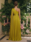 Metallic Foil Chiffon A-Line One Shoulder Formal Dresses with Sash