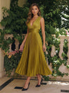 Metallic Foil Chiffon A-Line One Shoulder Formal Dresses with Delicate Pleated