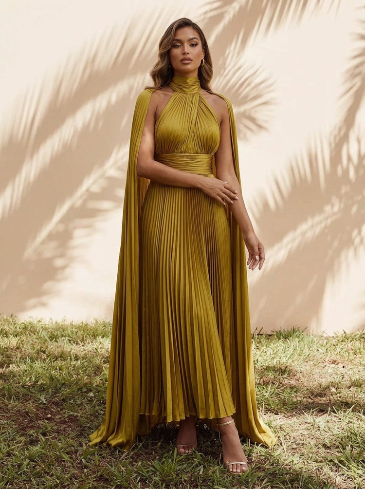Metallic Foil Chiffon A-Line Halter Formal Dresses with Caps