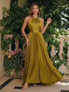 Metallic Foil Chiffon A-Line Halter Formal Dresses with Delicate Pleated