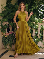 Metallic Foil Chiffon A-Line Halter Formal Dresses with Delicate Pleated