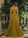 Metallic Foil Chiffon A-Line Halter Formal Dresses with Delicate Pleated