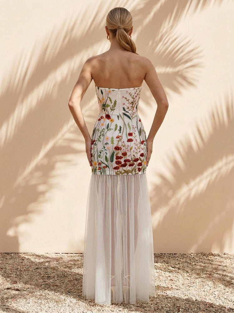 Mesh Sheath Strapless Formal Dresses with Corset Bodice
