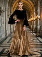 Velvet A-Line Crew Neck Formal Dresses with Vintage Wide Bell Long Sleeves