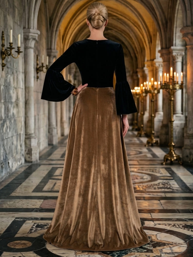 Velvet A-Line Crew Neck Formal Dresses with Vintage Wide Bell Long Sleeves