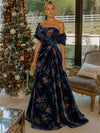 Burnout Velvet A-Line Asymmetric Neck Formal Dresses with Central Waist Twist Detail