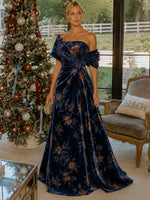 Burnout Velvet A-Line Asymmetric Neck Formal Dresses with Central Waist Twist Detail