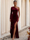 Velvet Mermaid One Shoulder Formal Dresses with Side Waist Ruched Shaping Detail