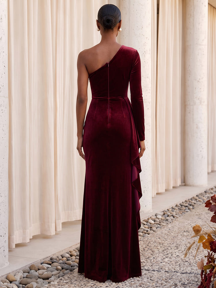 Velvet Mermaid One Shoulder Formal Dresses with Side Waist Ruched Shaping Detail