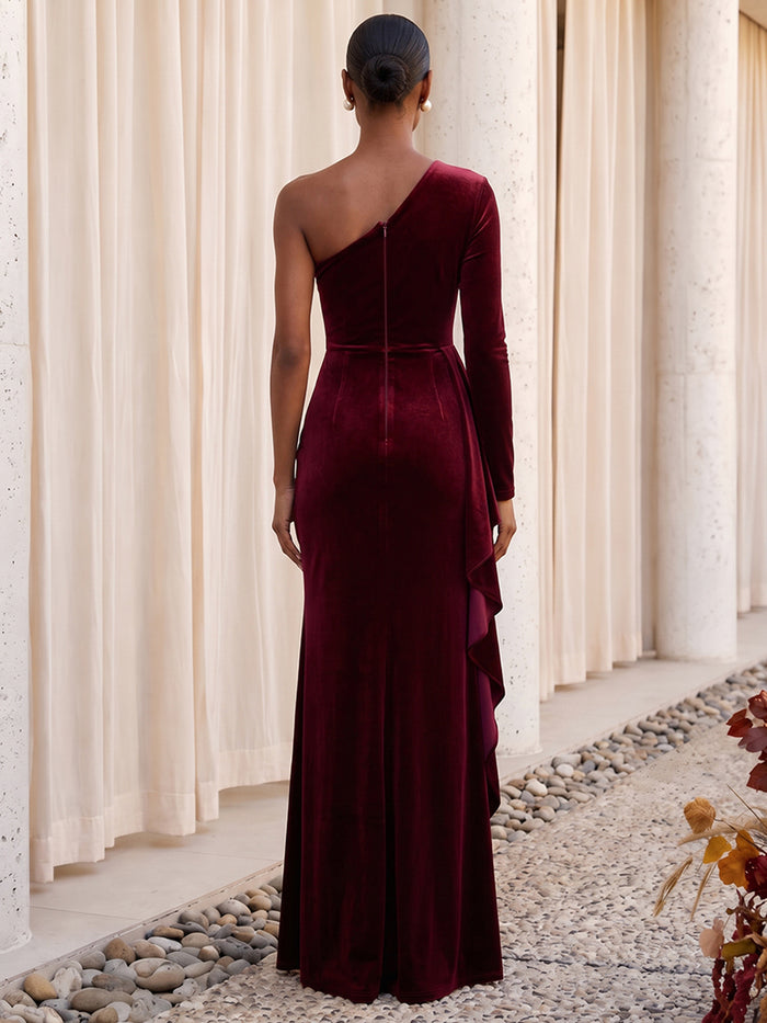 Velvet Mermaid One Shoulder Formal Dresses with Side Waist Ruched Shaping Detail