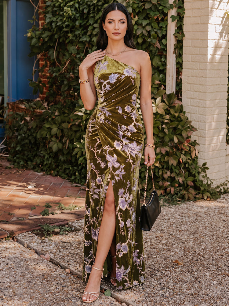 Burnout Velvet Mermaid One Shoulder Formal Dresses with Side Waist Ruched Shaping Detail