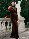 Velvet Mermaid High Neck Formal Dresses with Side Draped Ruched
