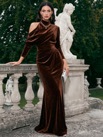 Velvet Mermaid High Neck Formal Dresses with Side Draped Ruched