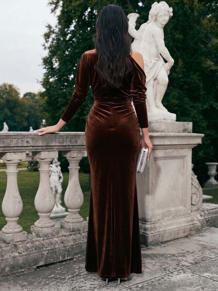 Velvet Mermaid High Neck Formal Dresses with Side Draped Ruched