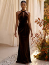 Velvet Mermaid Halter Formal Dresses with Side Waist Ruched Shaping Detail
