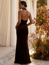 Velvet Mermaid Halter Formal Dresses with Side Waist Ruched Shaping Detail