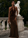 Velvet Mermaid Halter Formal Dresses with Side Waist Ruched Shaping Detail