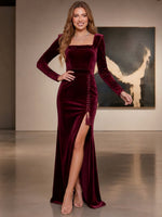 Velvet Mermaid Square Neck Formal Dresses with High‑Waist