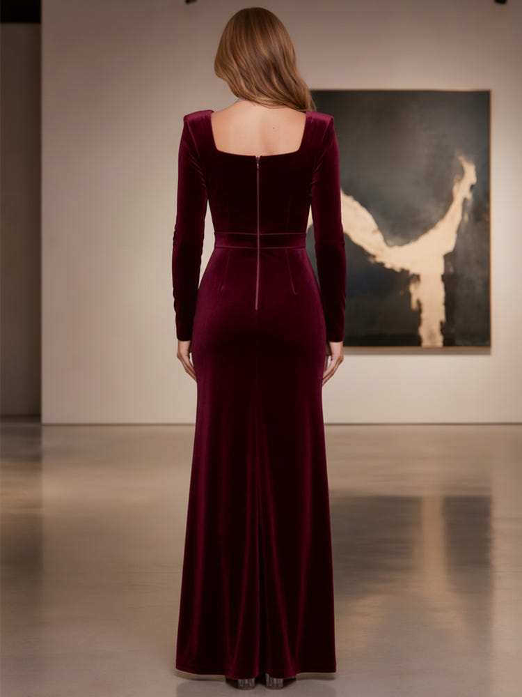 Velvet Mermaid Square Neck Formal Dresses with High‑Waist