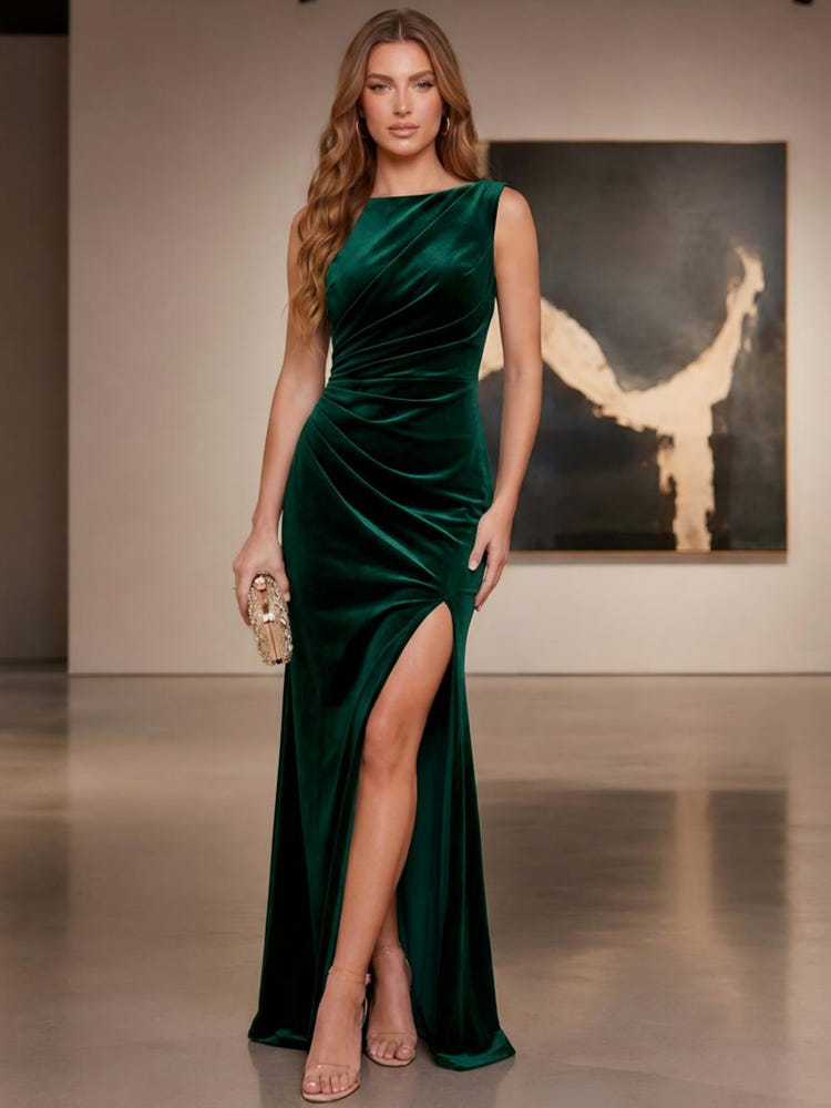 Velvet Mermaid Boat Neck Formal Dresses with Side Waist Ruched Shaping Detail