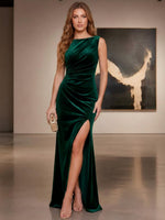 Velvet Mermaid Boat Neck Formal Dresses with Side Waist Ruched Shaping Detail
