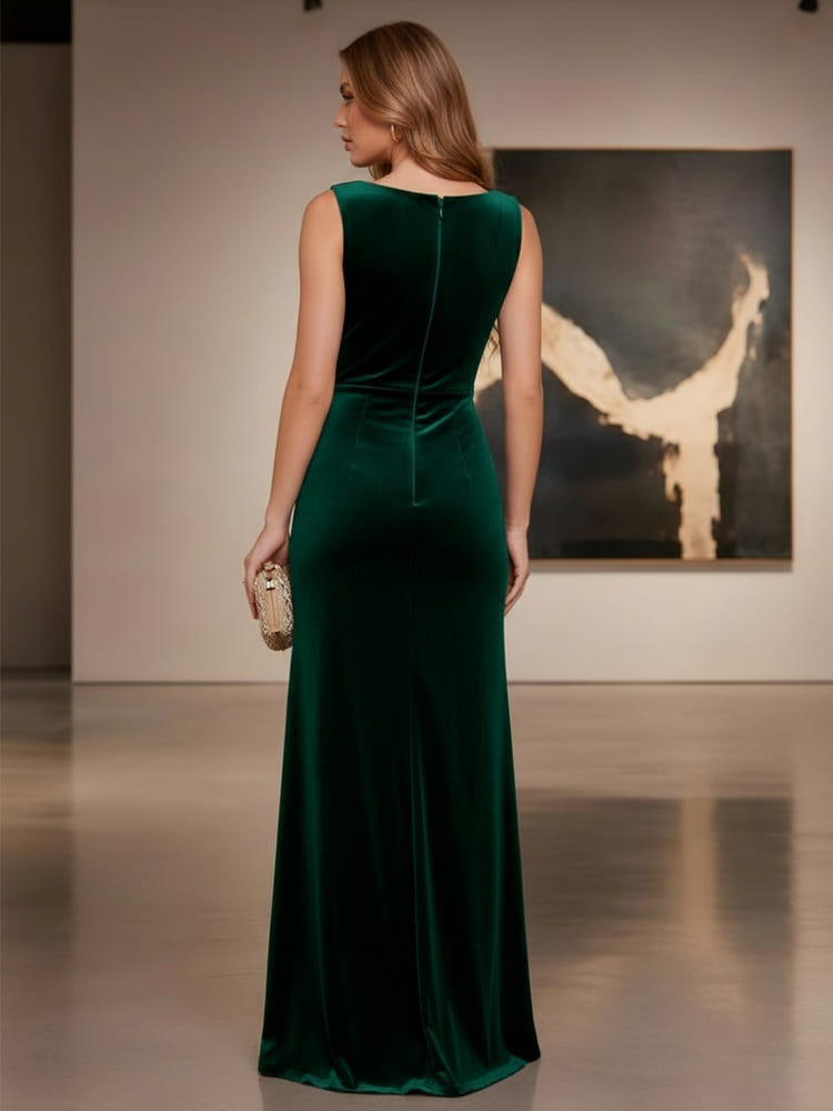 Velvet Mermaid Boat Neck Formal Dresses with Side Waist Ruched Shaping Detail
