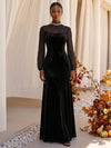 Velvet A-Line High Neck Formal Dresses with Rhinestone