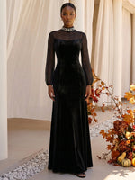 Velvet A-Line High Neck Formal Dresses with Rhinestone
