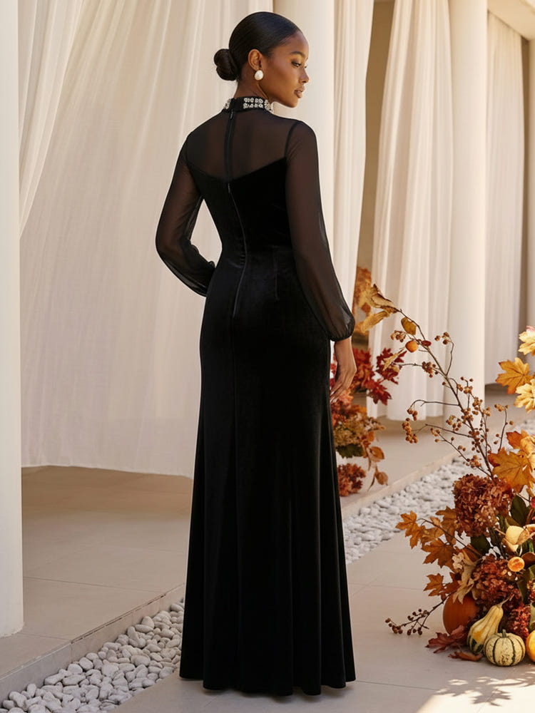 Velvet A-Line High Neck Formal Dresses with Rhinestone