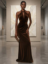 Velvet Mermaid Halter Formal Dresses with Side Waist Ruched Shaping Detail