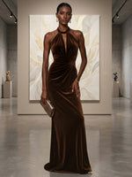 Velvet Mermaid Halter Formal Dresses with Side Waist Ruched Shaping Detail