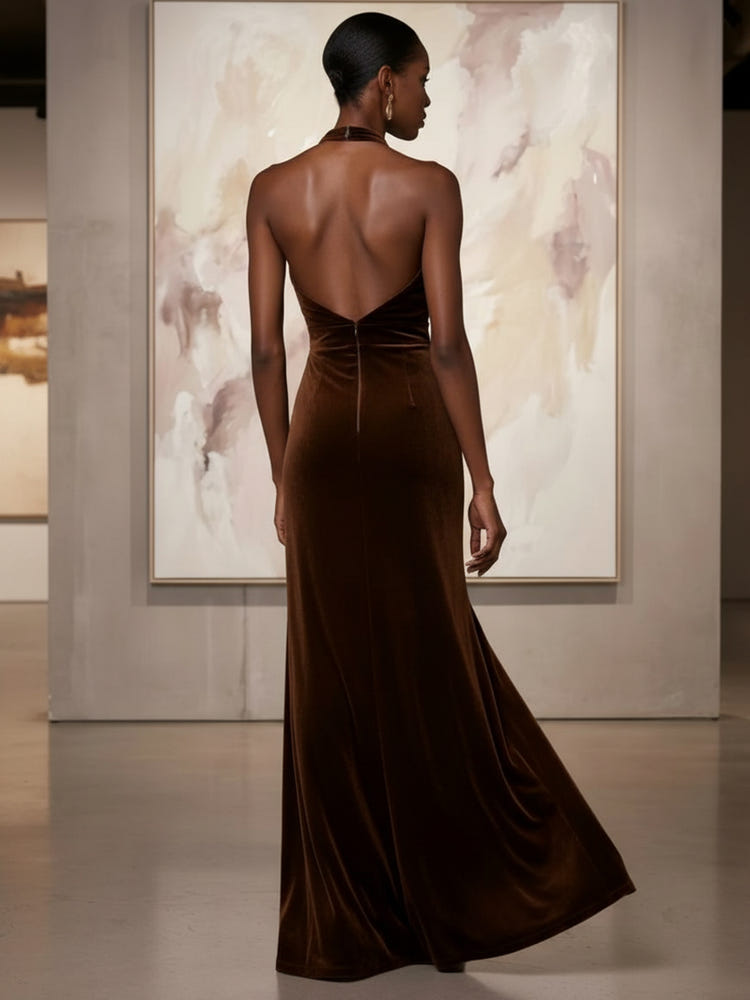 Velvet Mermaid Halter Formal Dresses with Side Waist Ruched Shaping Detail
