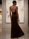Velvet Mermaid Halter Formal Dresses with Side Waist Ruched Shaping Detail