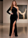 Velvet Mermaid One Shoulder Formal Dresses with Side Waist Ruched Shaping Detail