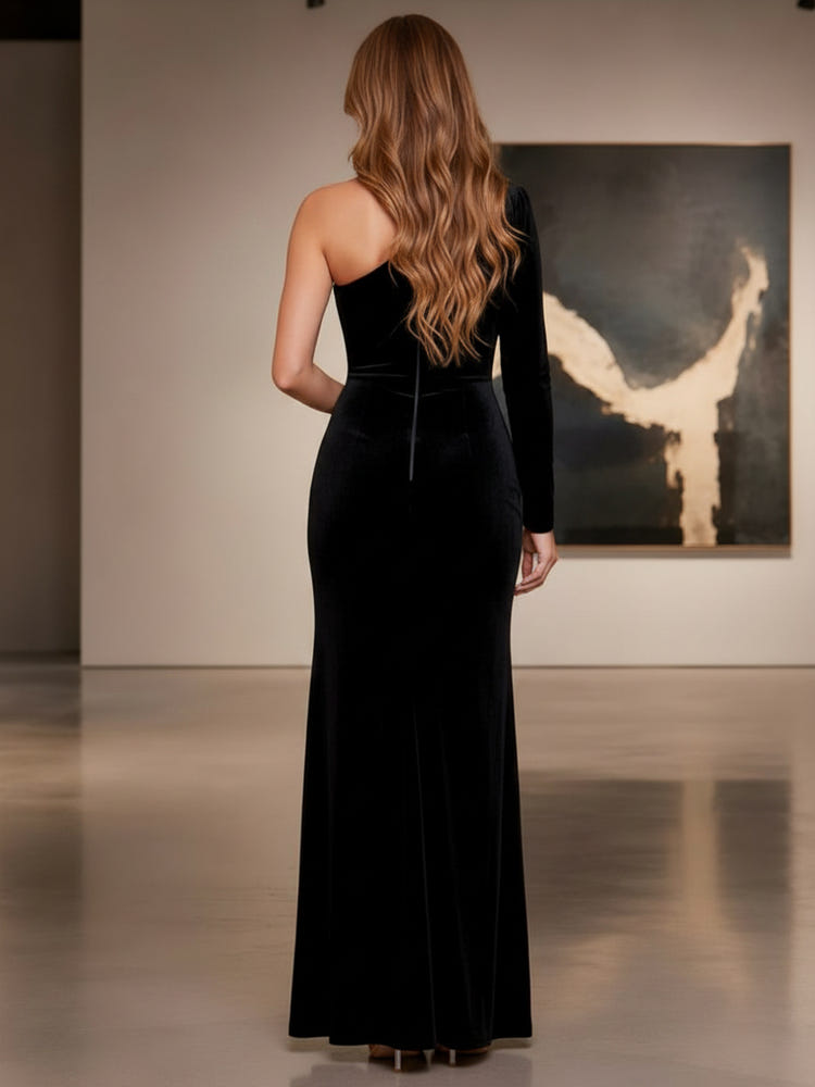 Velvet Mermaid One Shoulder Formal Dresses with Side Waist Ruched Shaping Detail