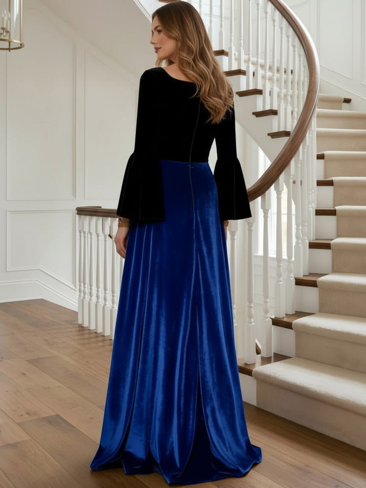 Velvet A-Line Square Neck Formal Dresses with Vintage Wide Bell Long Sleeves