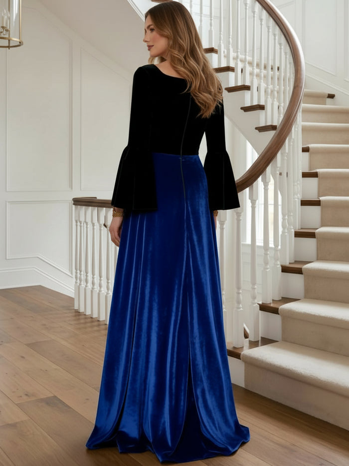 Velvet A-Line Square Neck Formal Dresses with Vintage Wide Bell Long Sleeves