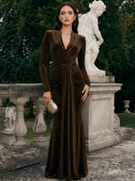 Velvet Sheath V Neck Formal Dresses with Waist Draped Sash Detail