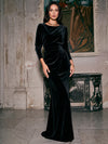 Velvet Mermaid Crew Neck Formal Dresses with Side Waist Ruched Shaping Detail